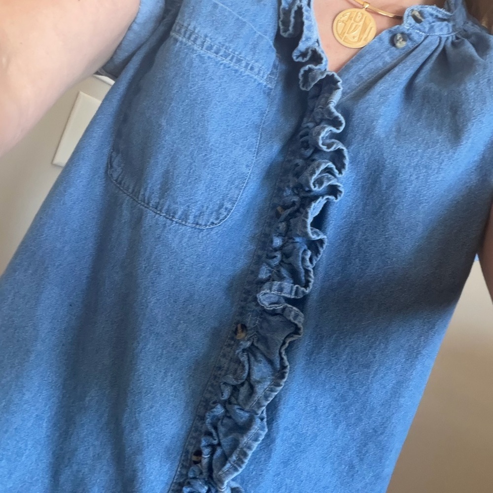 KMJ "CORI" Denim vertical Ruffle Button-Down Shirt - Light Blue - Picture 5 of 15